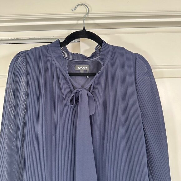 Navy Tie Neck Pleated Long Sleeve Dress 10 - Picture 5 of 13